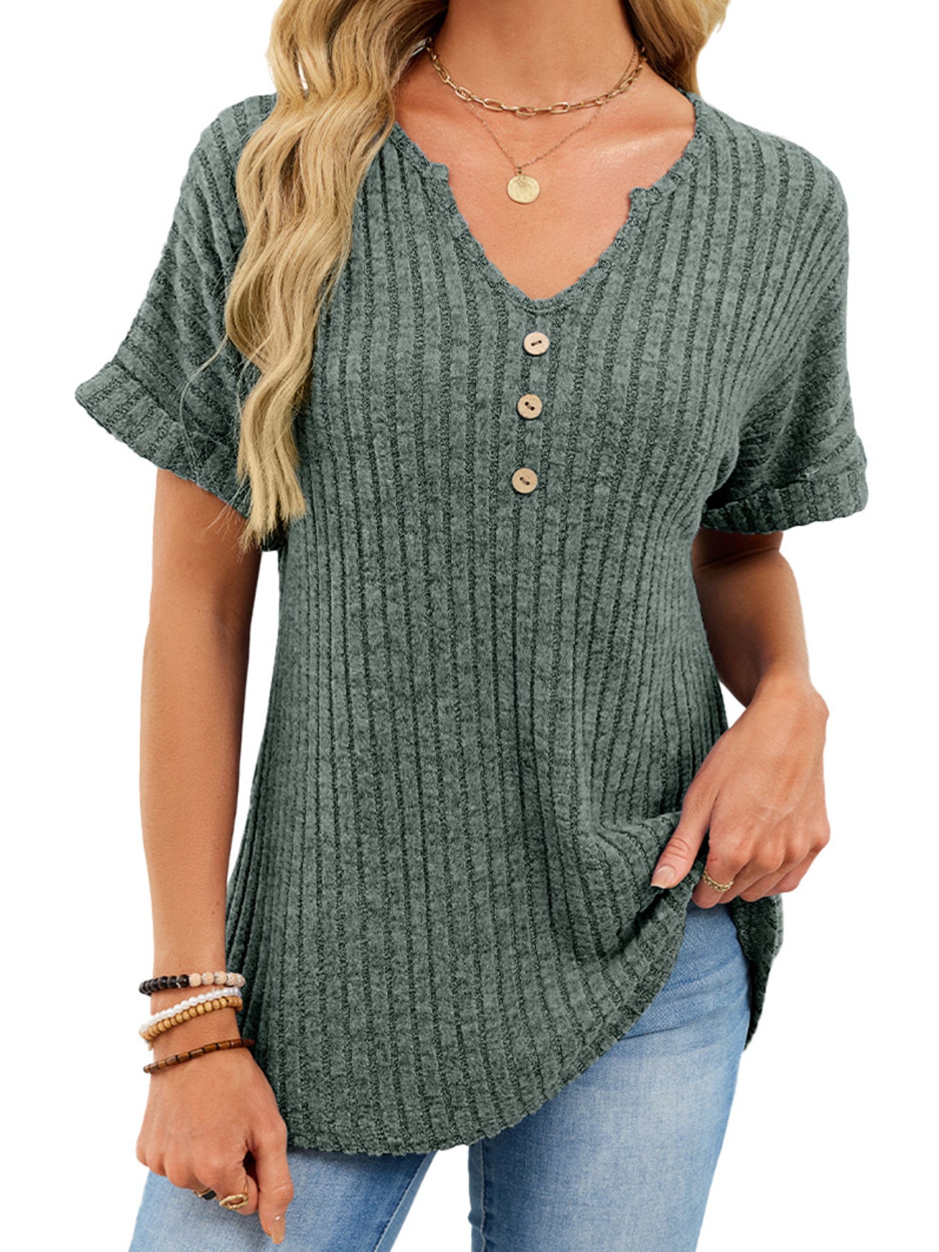 Ribbed Knit Short Sleeve T-Shirt
