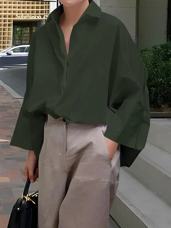 Womens Cotton Button Down Shirt Casual 3/4 Sleeve Loose Fit