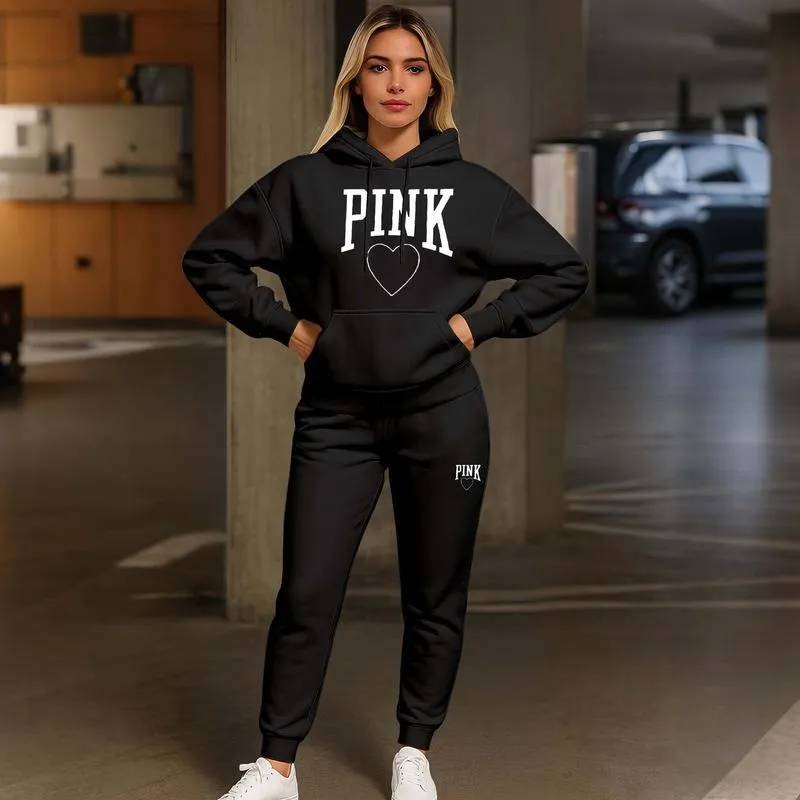 Women's Pink Heart Print Hair And Sunglasses Hoodie And Drawstring Track Pants Set