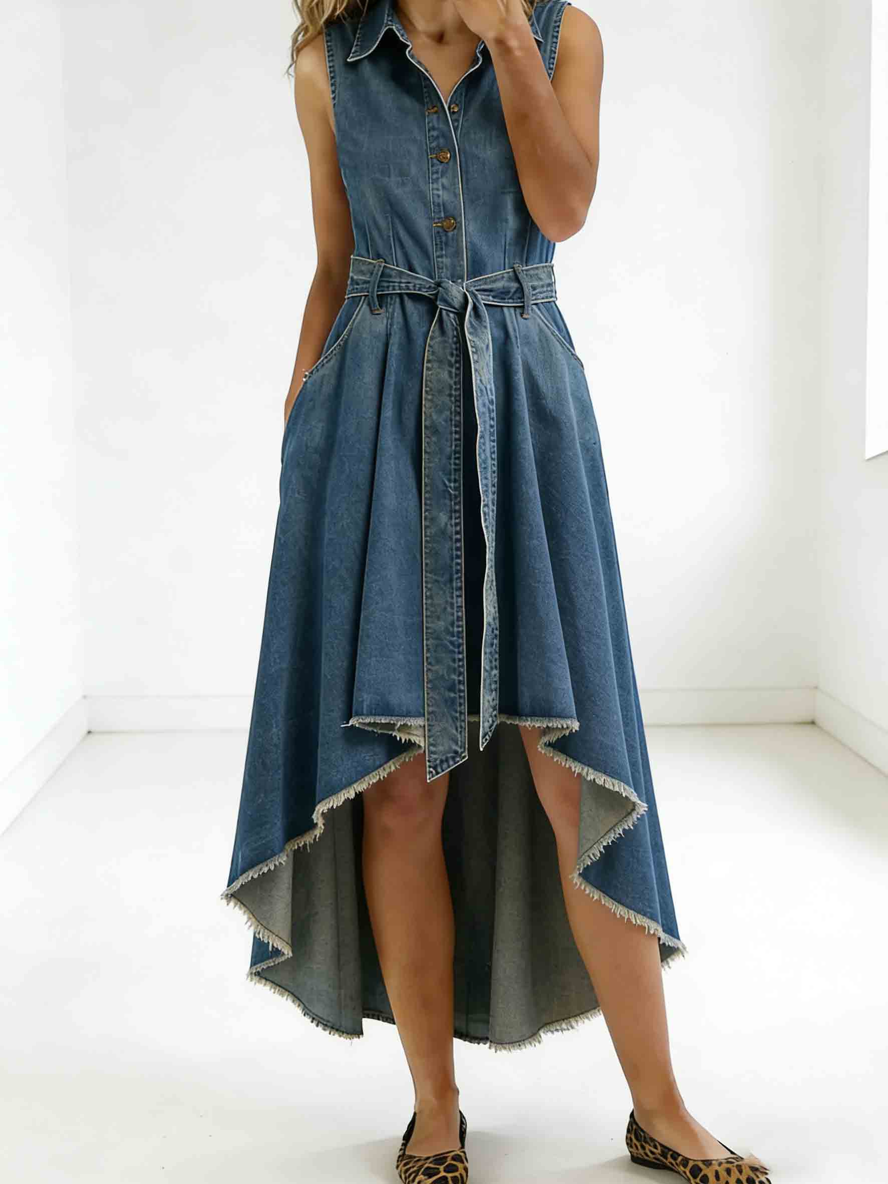 Women's Denim Tie Waist High Low Midi Dress