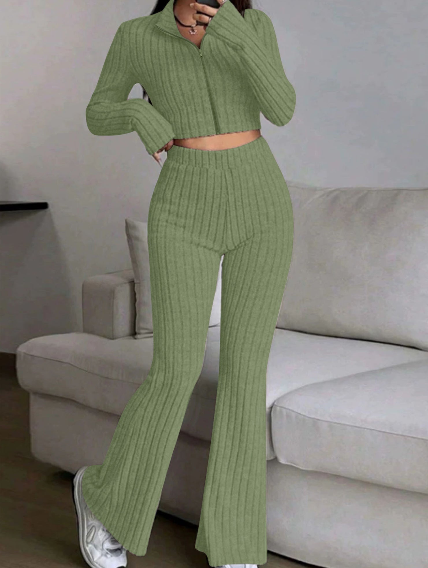 Women's Ribbed Cardigan High Waist Flare Pants Suit_CWSS01459
