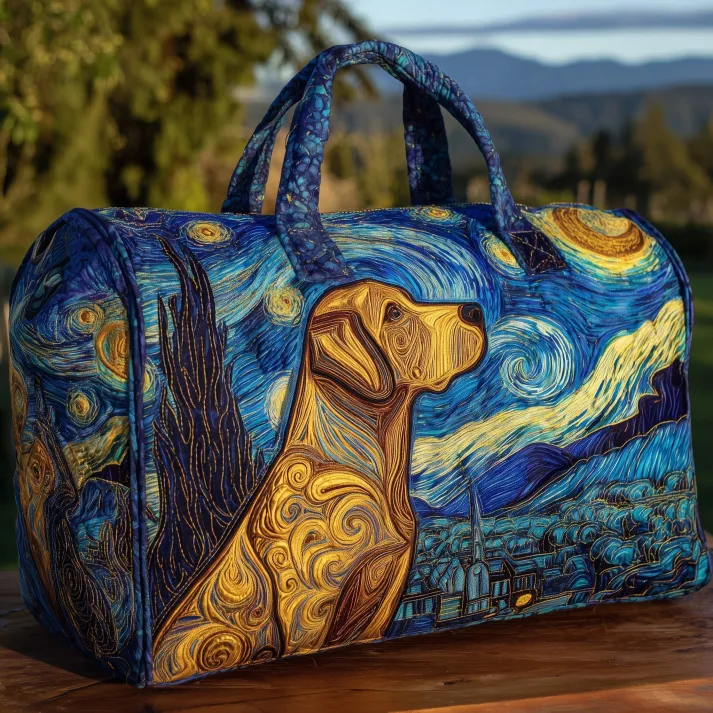🌌 Starry Pup Quilted Duffle Bag ✨ – Van Gogh-Inspired Dog Travel & Weekender Bag 🐶🧳💙