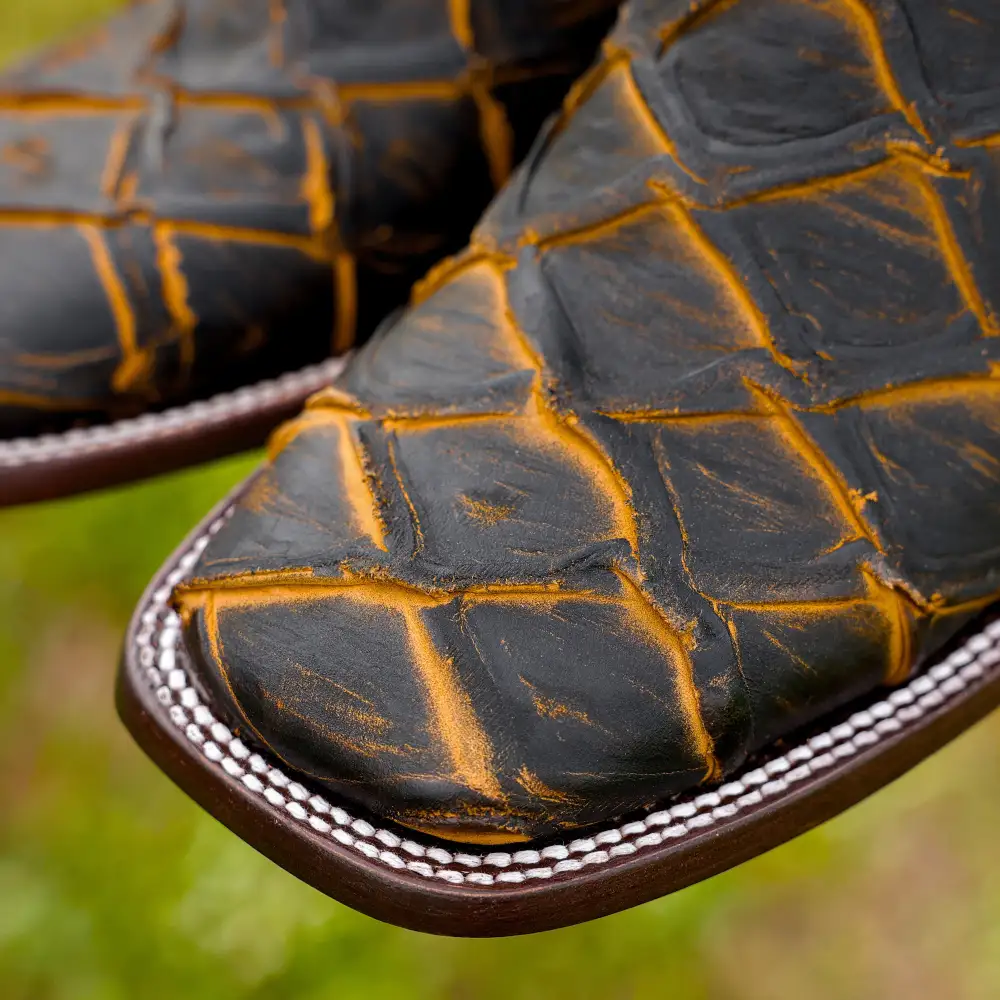 Matte Rustic Black/Honey Pirarucu Leather Boots - Square Toe