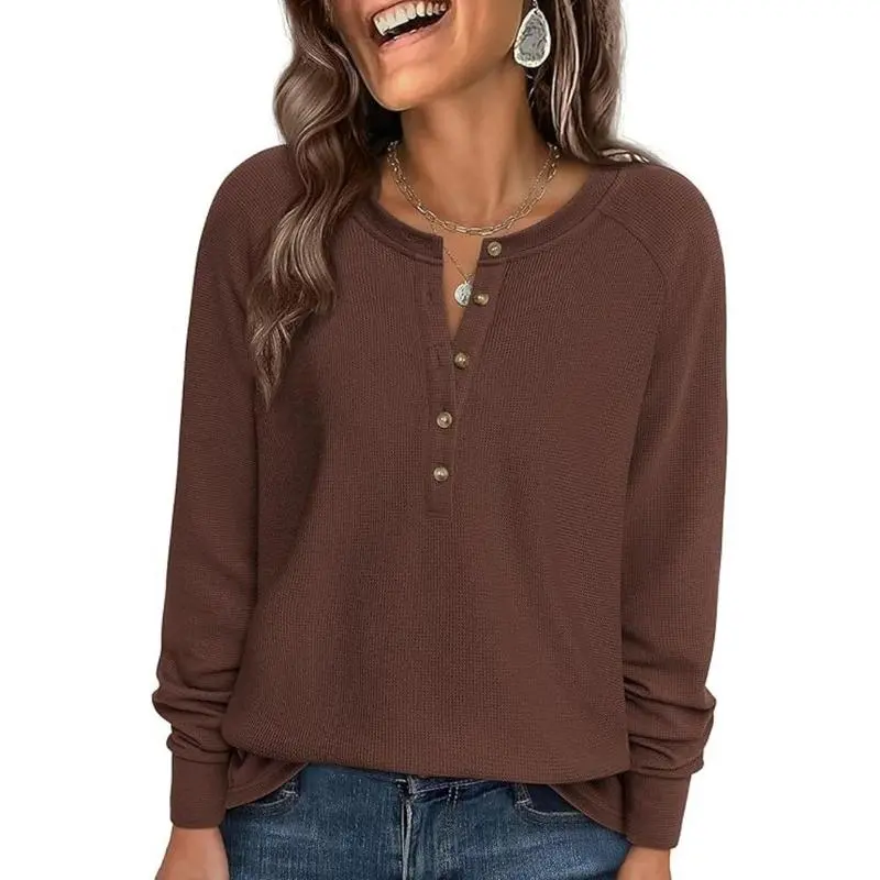 Women's Button Up Waffle Top Long Sleeve Knit Shirts Fall Casual Henley V Neck Tunic Tops