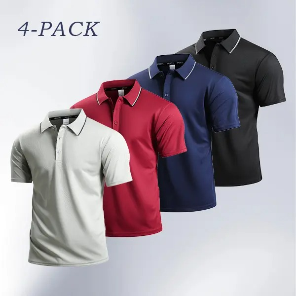 Men's 4-Pack Classic Polos - Color-Block Trim, Soft Comfort Fabric, Perfect for Business Casual & Weekend Wear