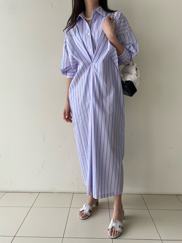 Buttoned Contrast Color Pockets Striped Long Sleeves Loose Lapel Shirt Dress Midi Dresses