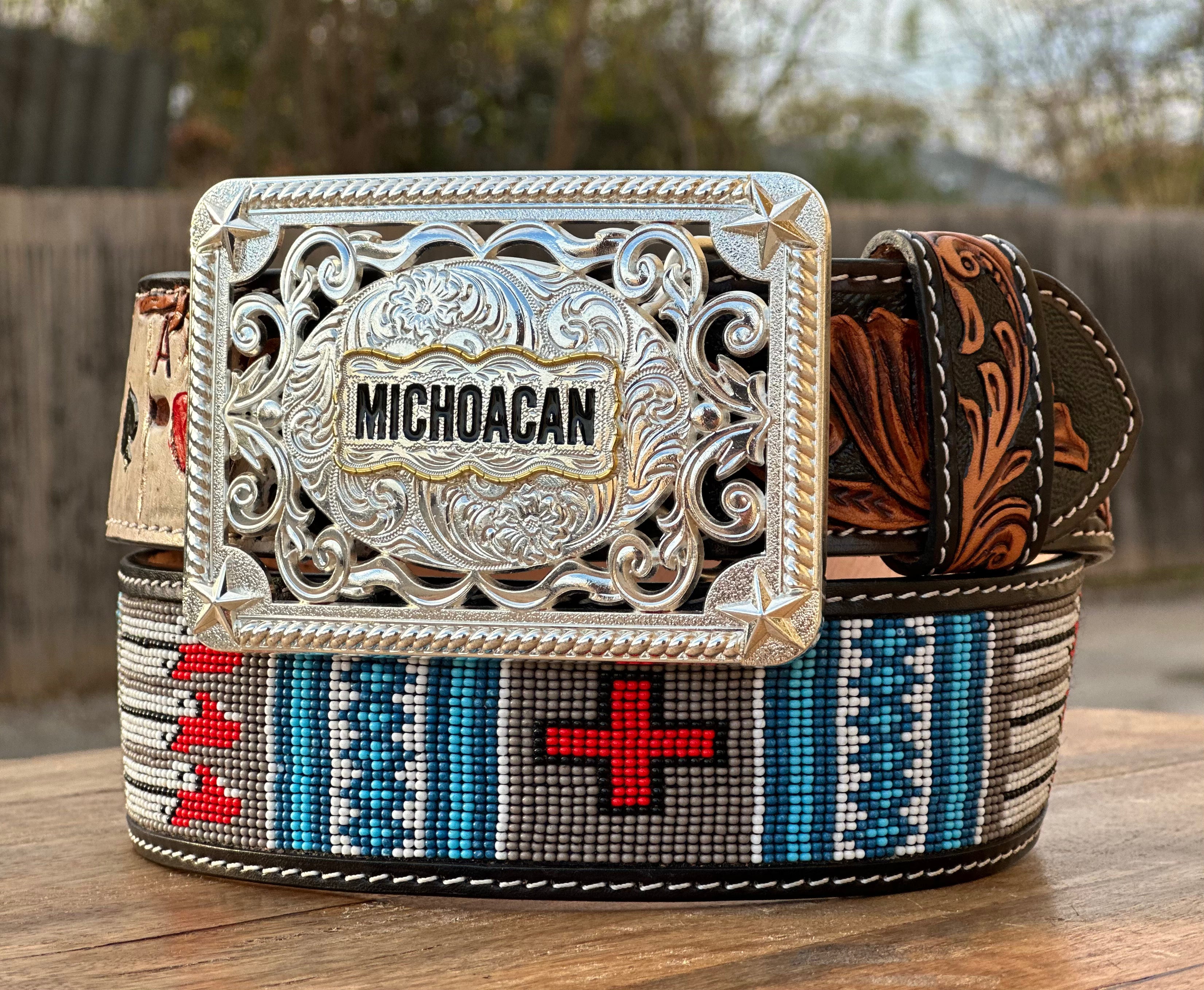 Hand-Tooled Artesanal Tabs With Blue And Red Cross Beaded Leather Belt ( Read Description Before Ordering)