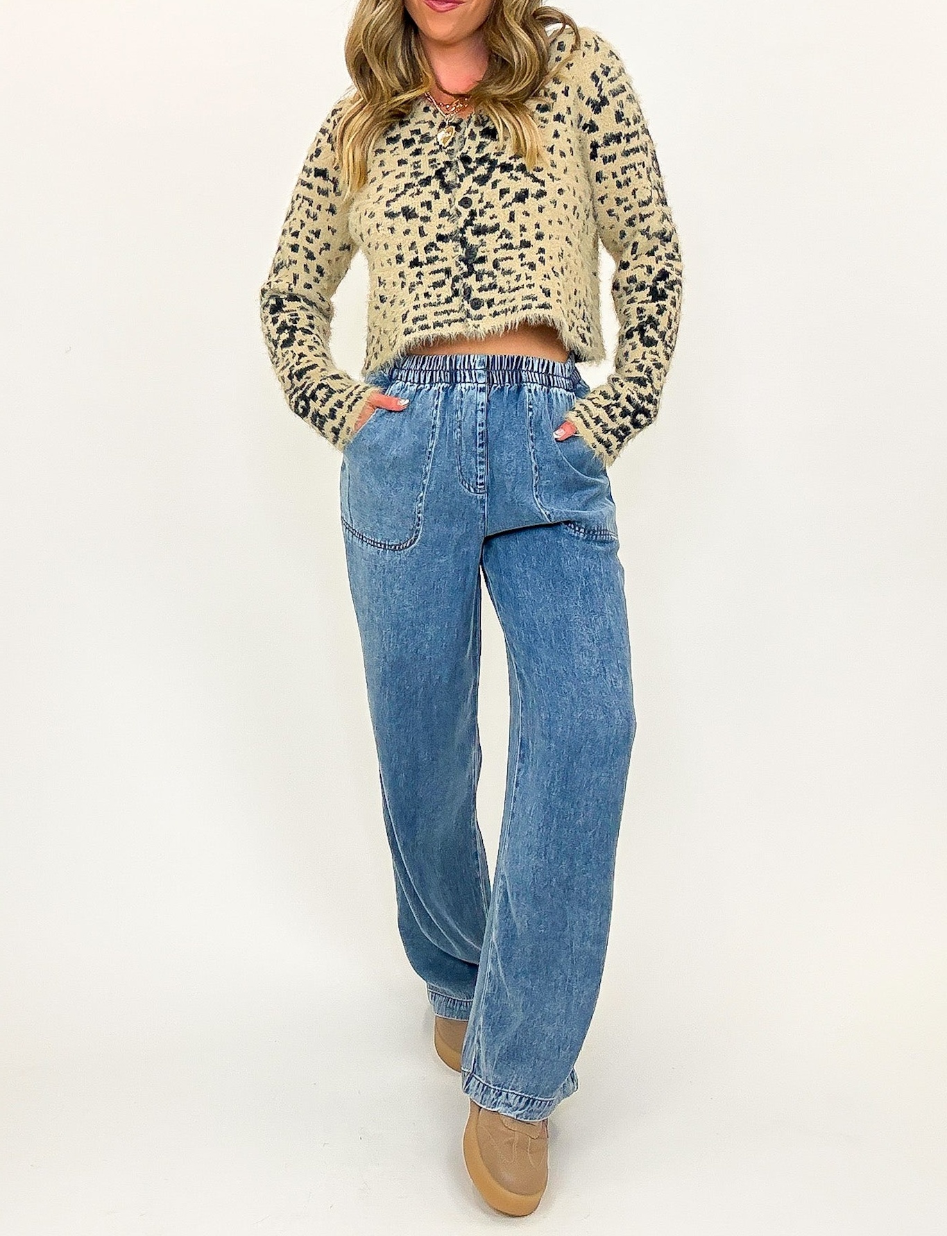 Blue Drift Washed Chambray Elastic Waist Wide Leg Pants