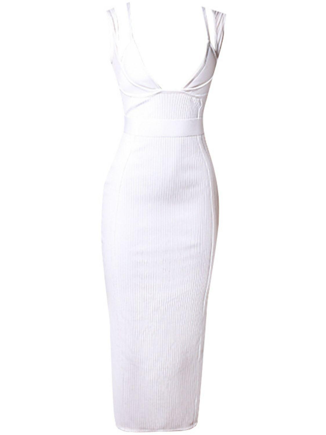 Ribbed Deep V Midi Bandage Bodycon Dress