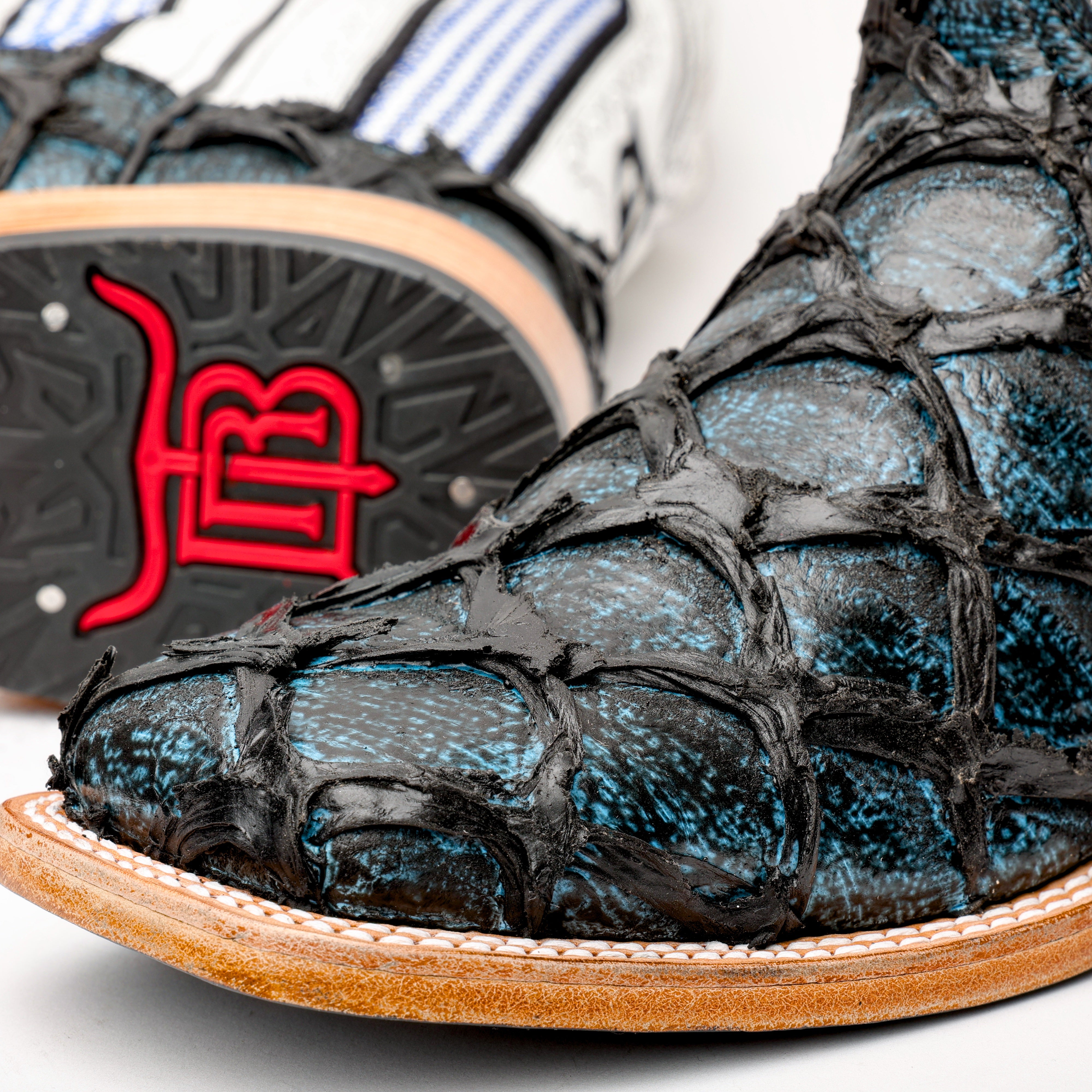 Midnight Blue Jumbo Pirarucu Leather Boots - Square Toe