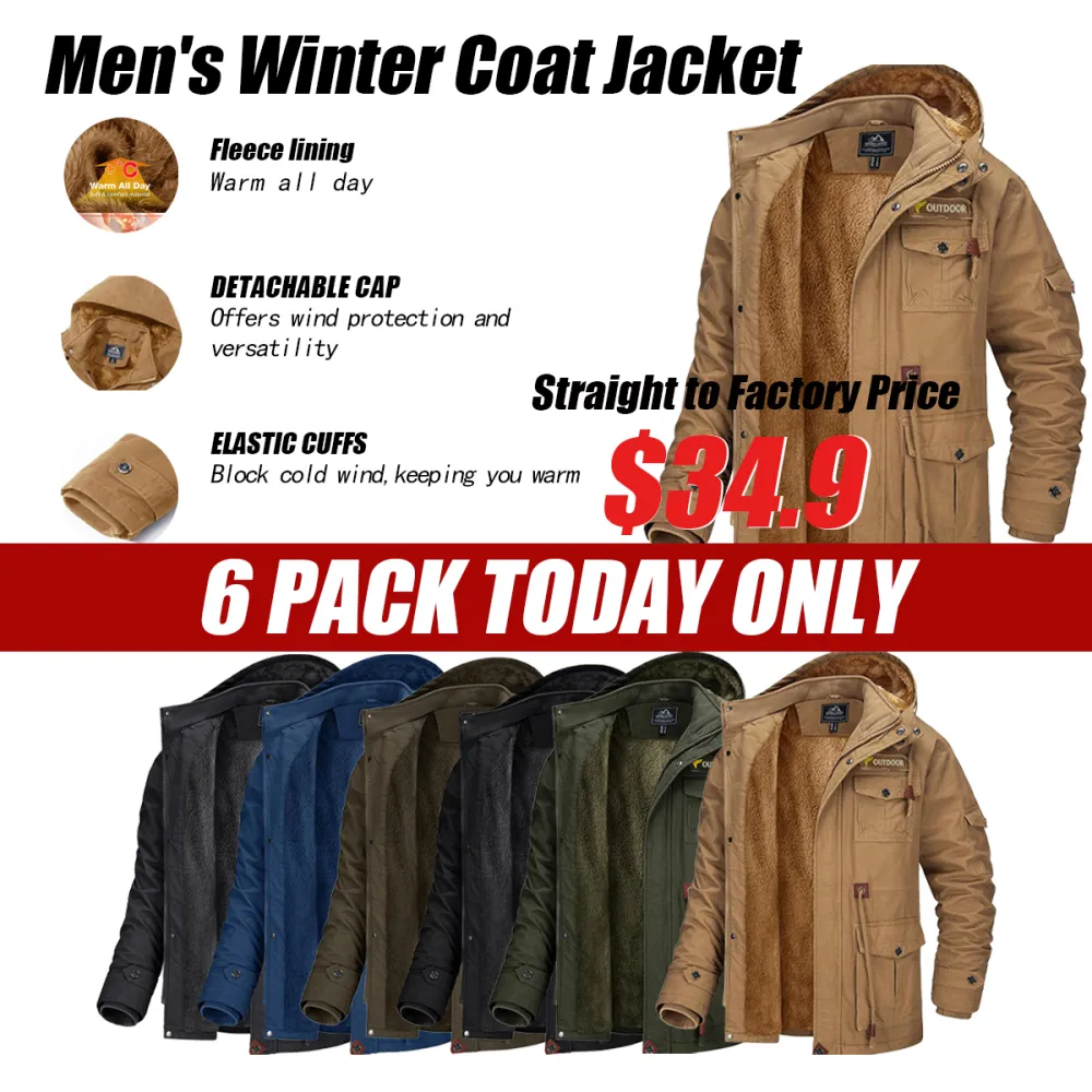 6 PACK Men's Winter Coat Jacket Fleece Lined Parka Cotton Cargo Jacket Menswear Tops Long Sleeve Warm Thermal Hoodie