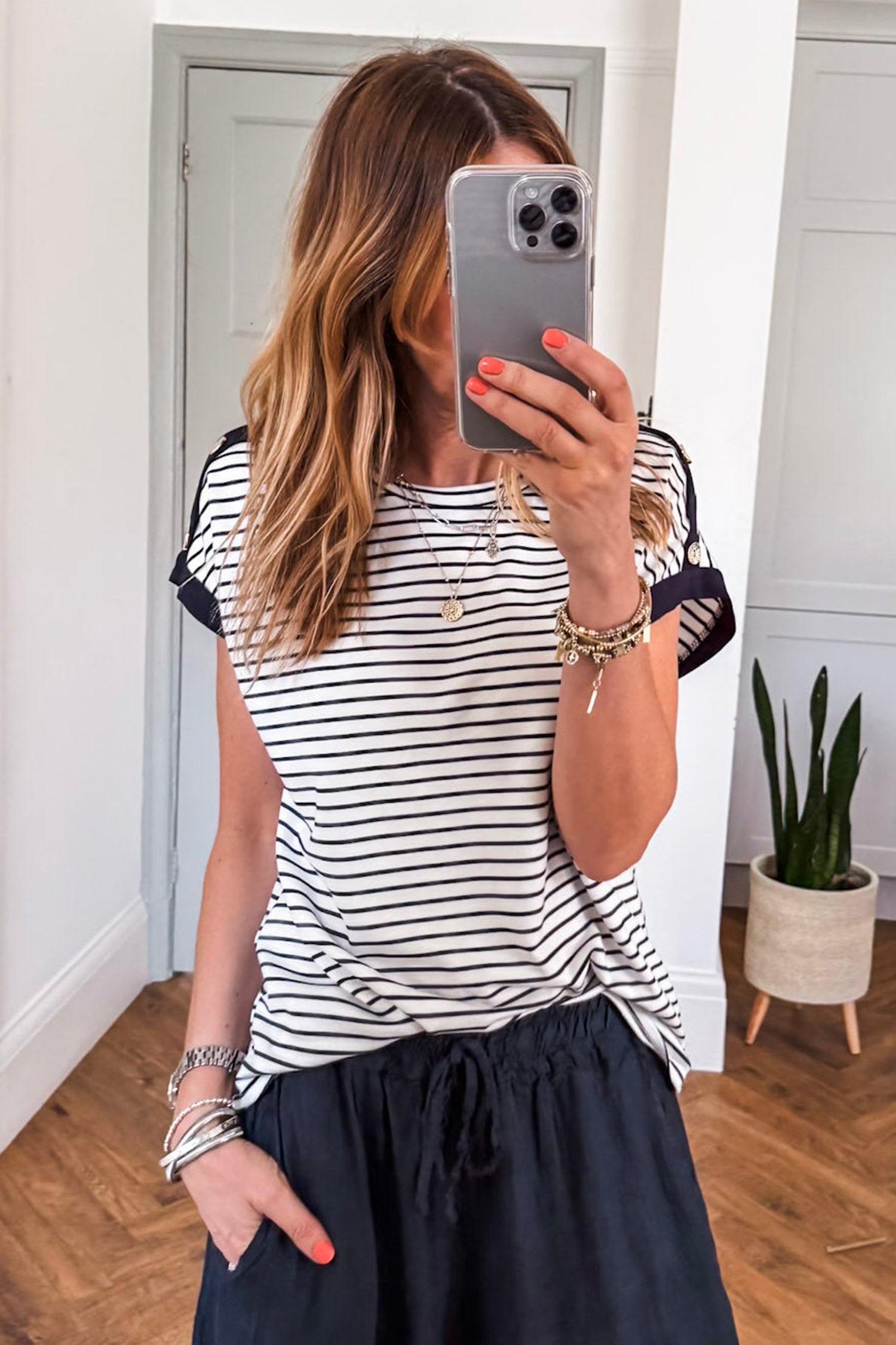 Black Stripe Cuffed Sleeve Button Detail Loose Tee