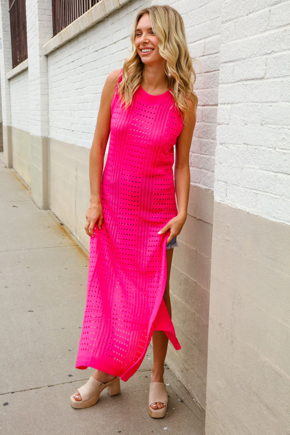 The Perfect Find Hot Pink Pointelle Sleeveless Side Slit Midi Coverup