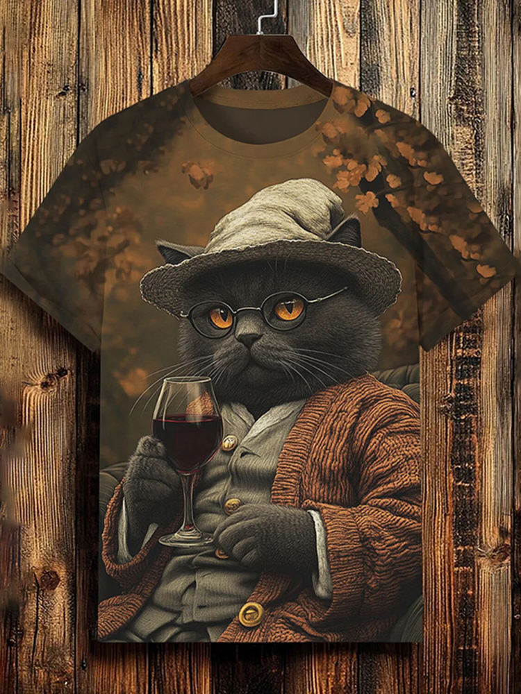 Men's Cat Drinking Red Wine Art Print T-shirt