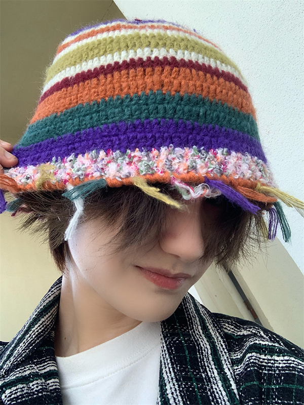 Fringed Striped Tasseled Bucket Hat