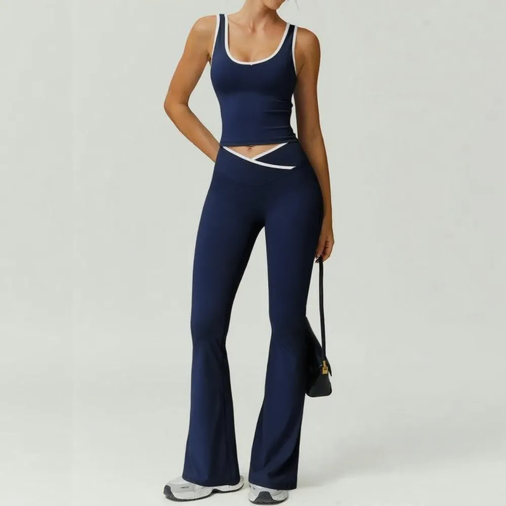Womens Colorblock Tank Top & Flare Leg Pants Tracksuit Set