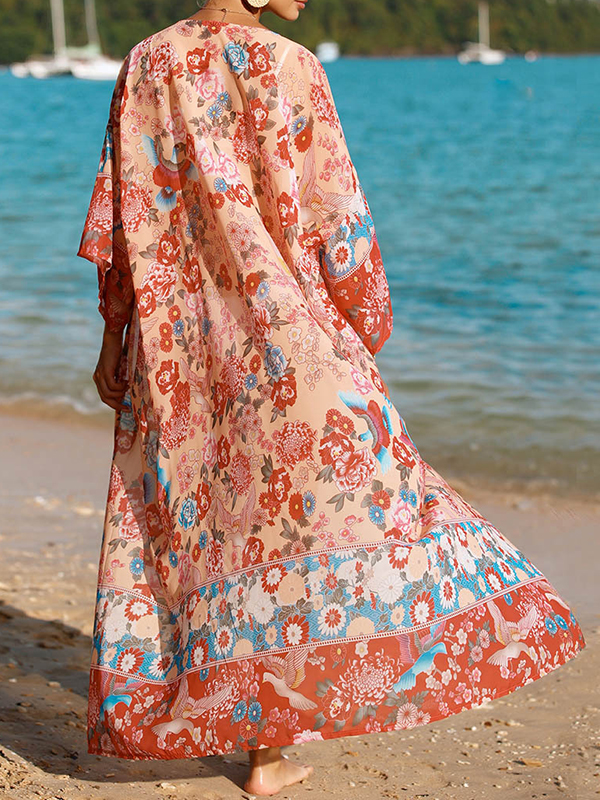 Flower Print Sun protection Long Sleeves Loose Collarless Cover-Ups Tops