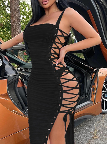 Ladies' Suspender Side Hollow Strap Pleated Sexy Spicy Girl Dress