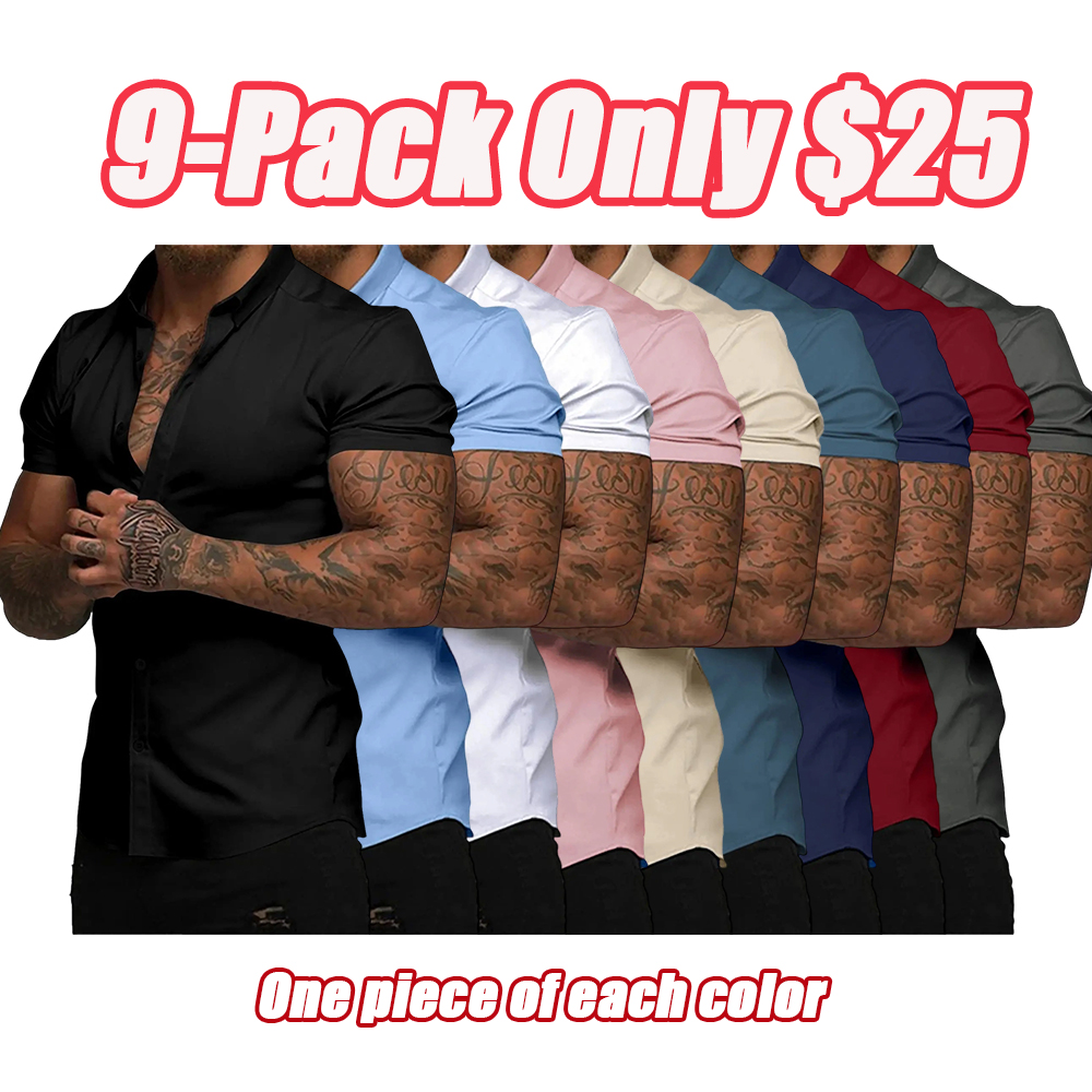 Mens Muscle Fit Dress Shirts Casual Button Down Shirt Short Sleeve Wrinkle-Free Shirts
