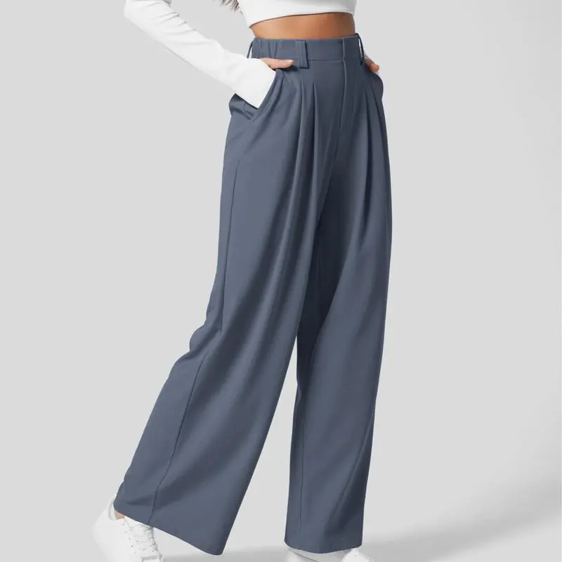 High Waisted Plicated Side Pocket Wide Waffle Work Pants