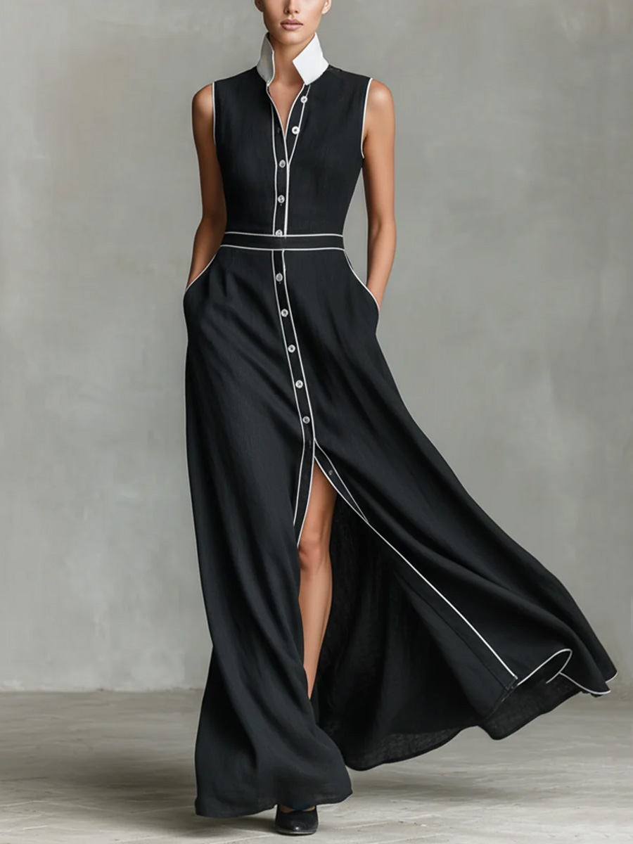 Women's Collared Sleeveless Casual Loose Long Cotton Linen Dress
