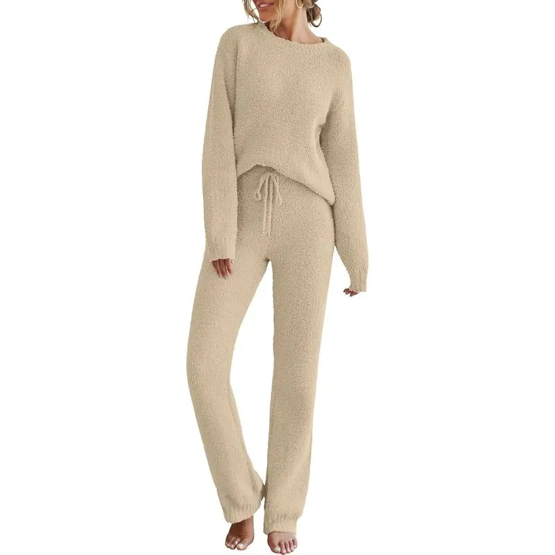 Women Fuzzy Fleece Long Sleeve Pajama Loungewear Set