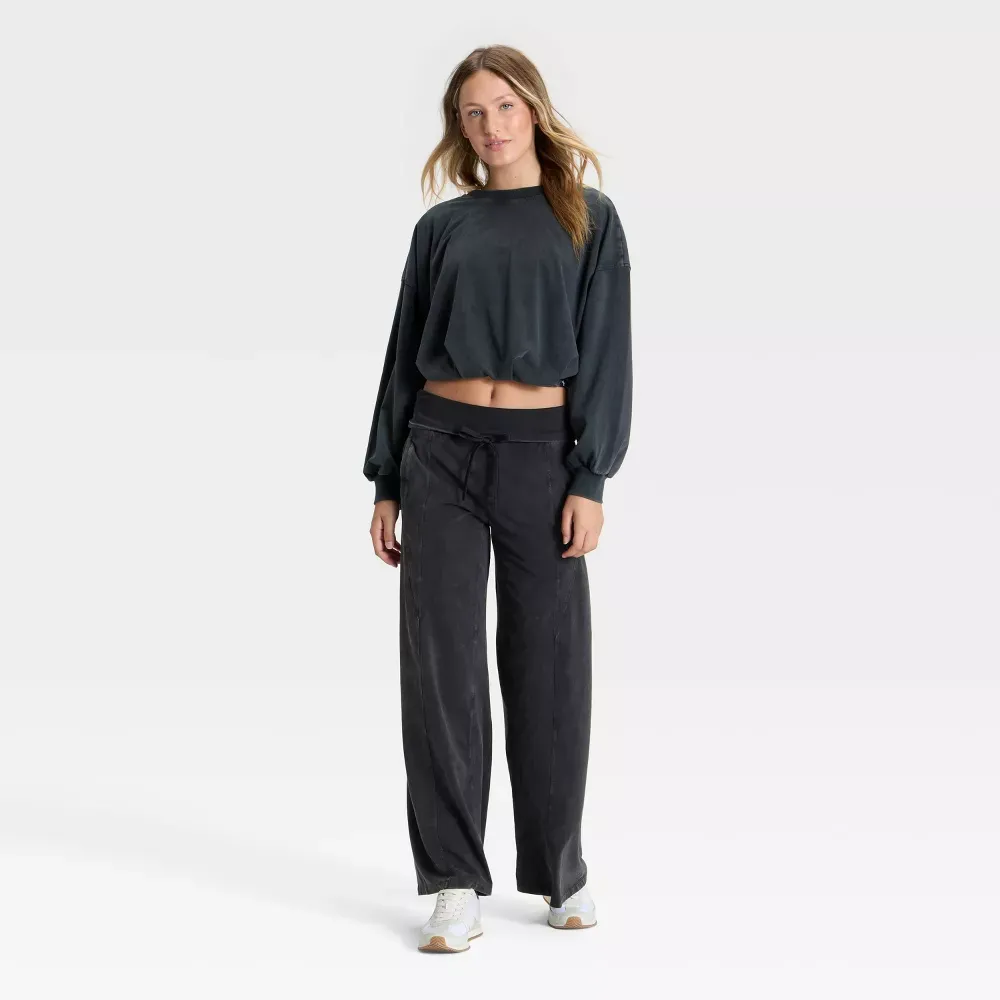 Women's Bubble Hem Long Sleeve Top & Wide Leg Pants Set