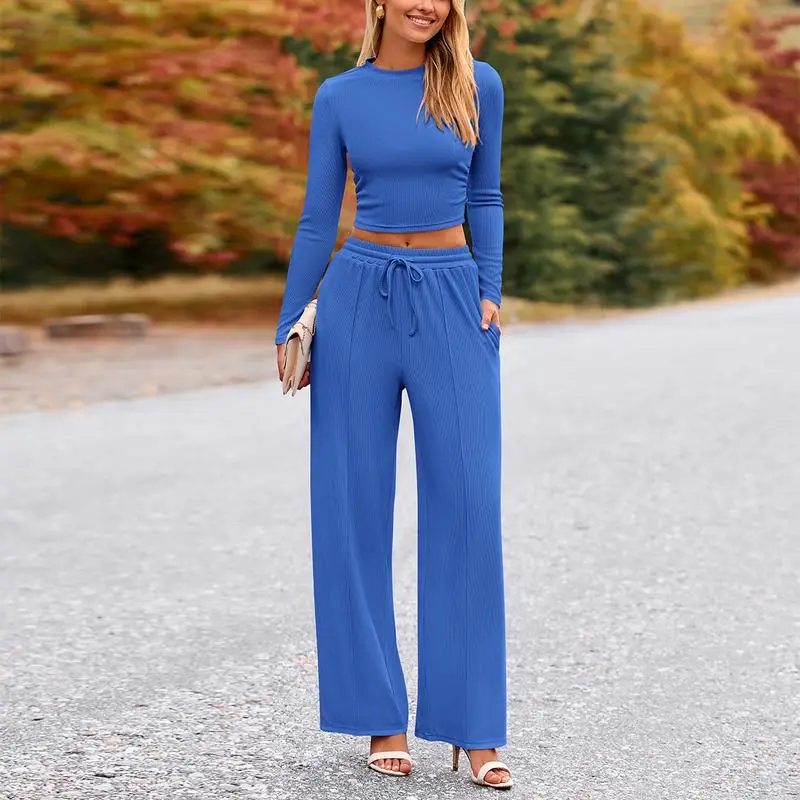 ✨2-Piece Ribbed Knit Long Sleeve Crop Top Wide Leg Pants Lounge Set🔥