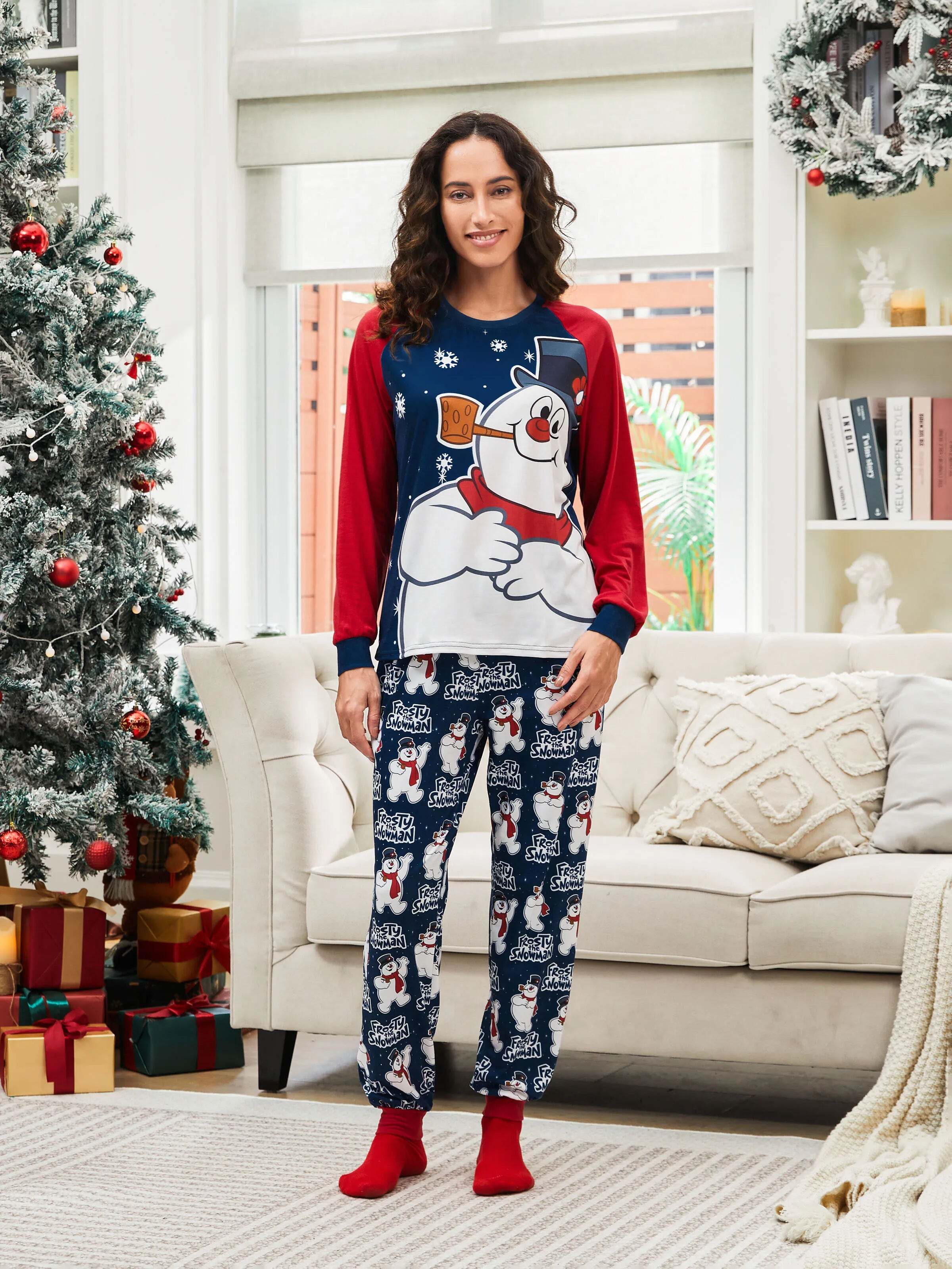 Frosty The Snowman Christmas Family Matching Color-block Pajamas Sets with Christmas Socks
