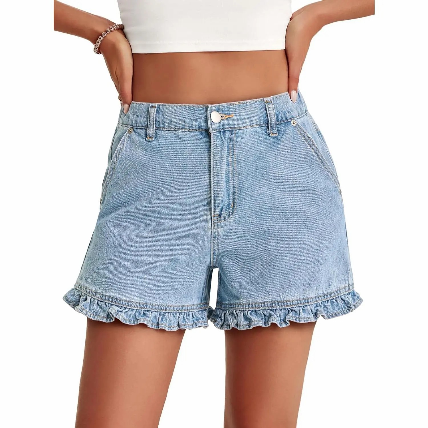 Women’s Summer Ruffle High-Waisted Denim Shorts