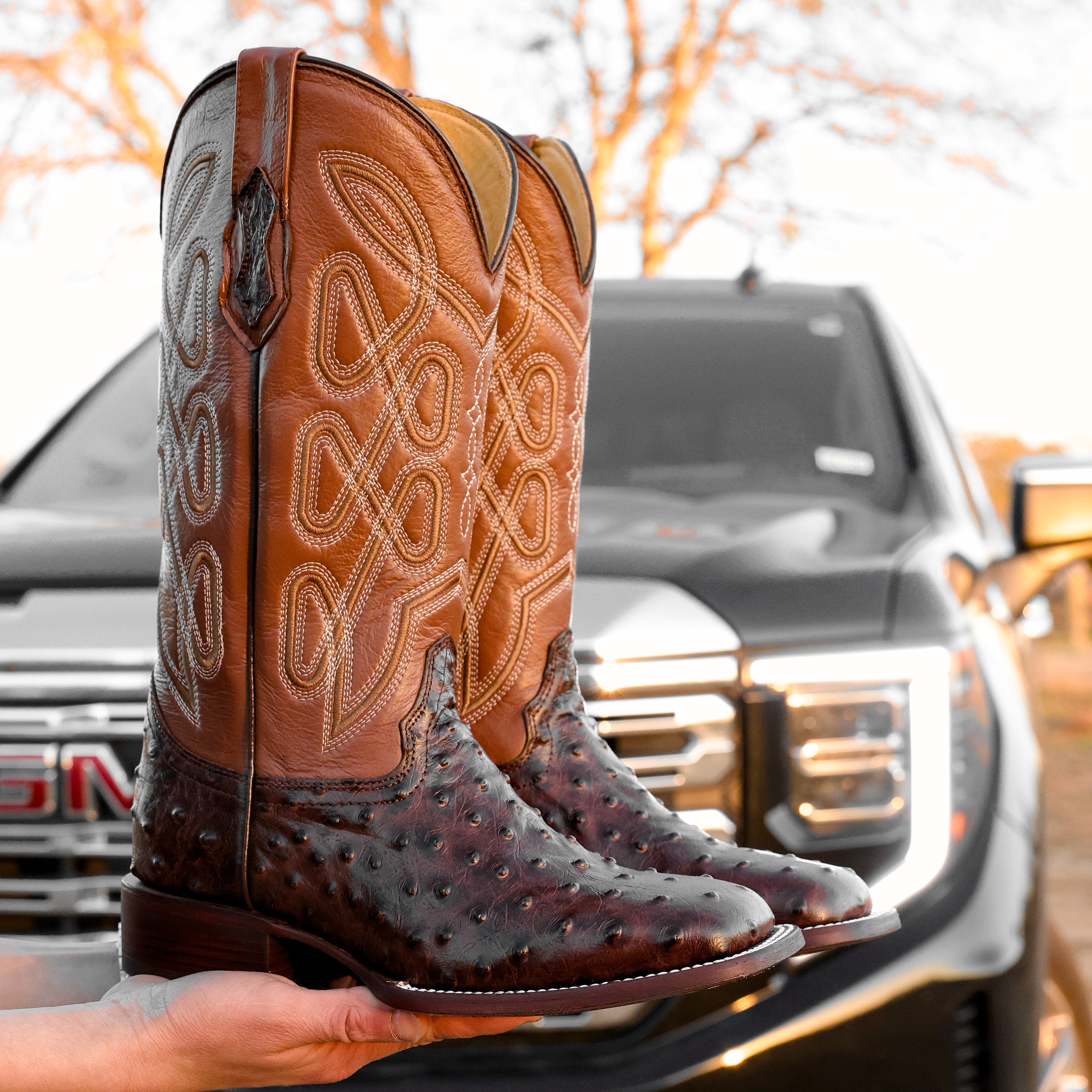 Chocolate Brown Ostrich Leather Boots - Square Toe