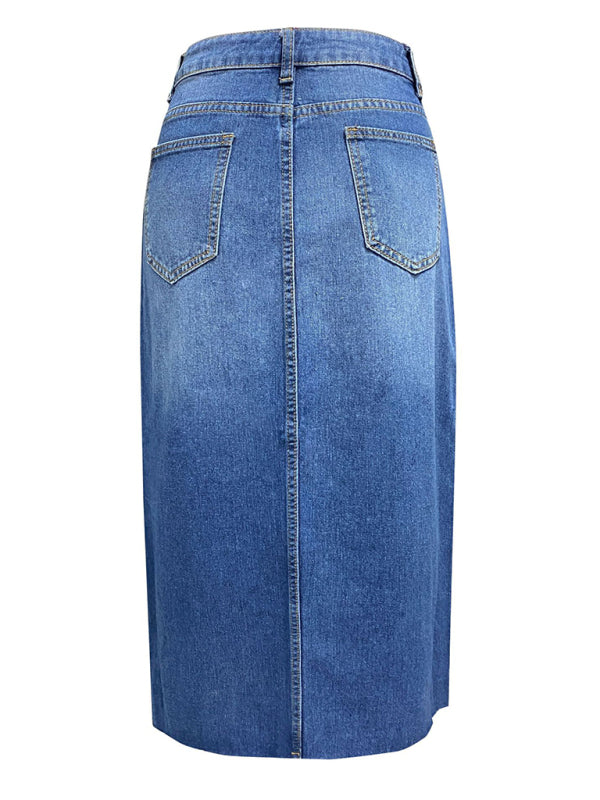 Front Slit Denim High Waist A Line Midi Skirt