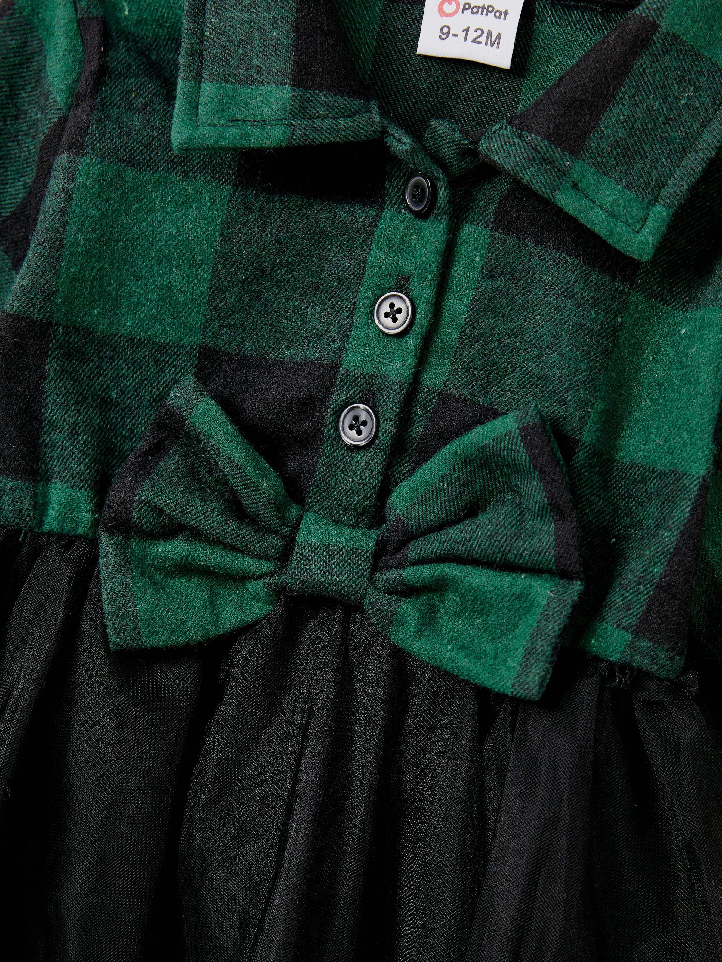 Family Matching Sets Green Plaid Long Sleeves Shirt or Tulle Mesh Dress DarkGreen