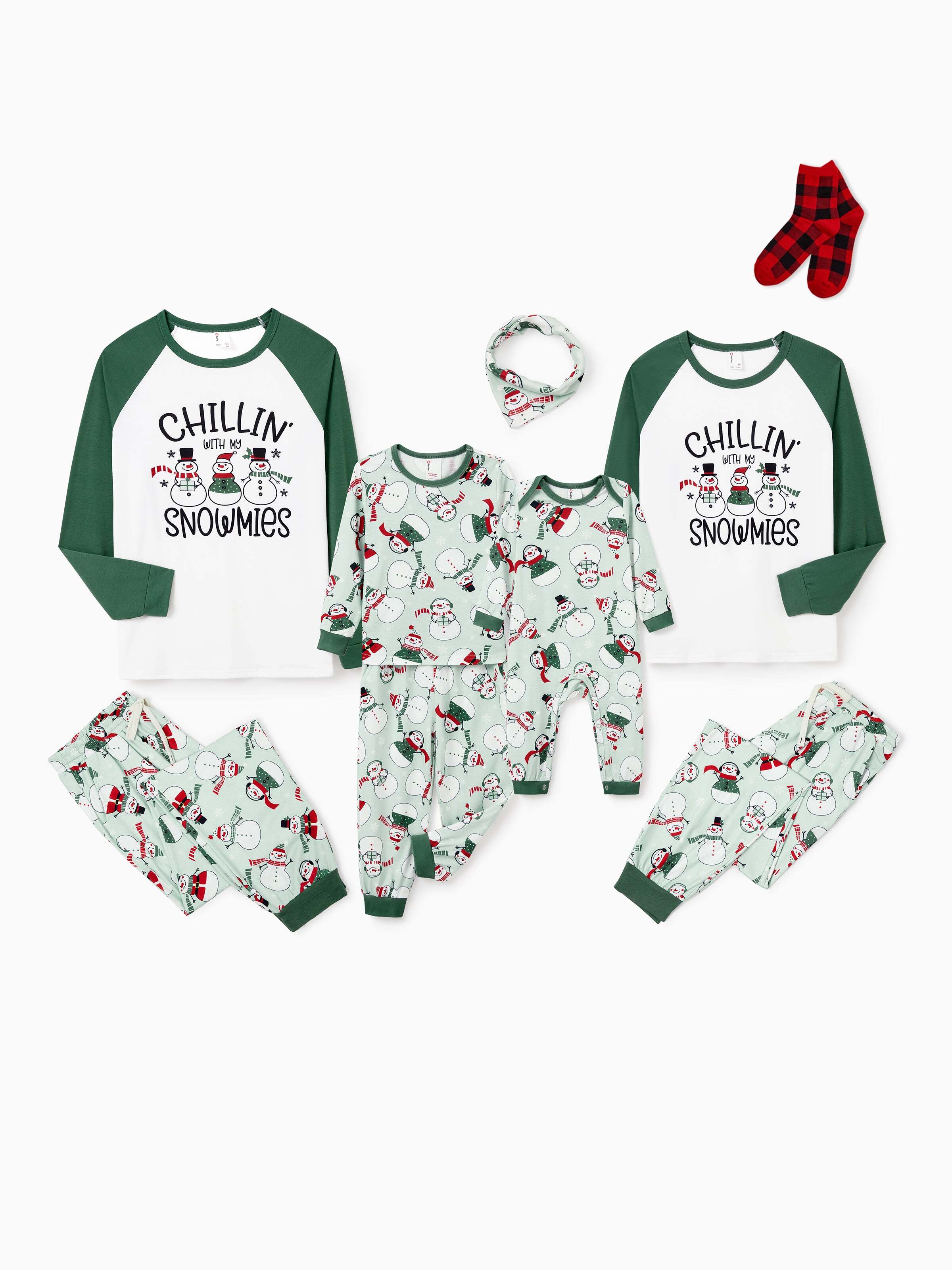 Christmas Matching Family Pajamas Set Christmas Snowman Print PJS with Christmas Socks Mint Green