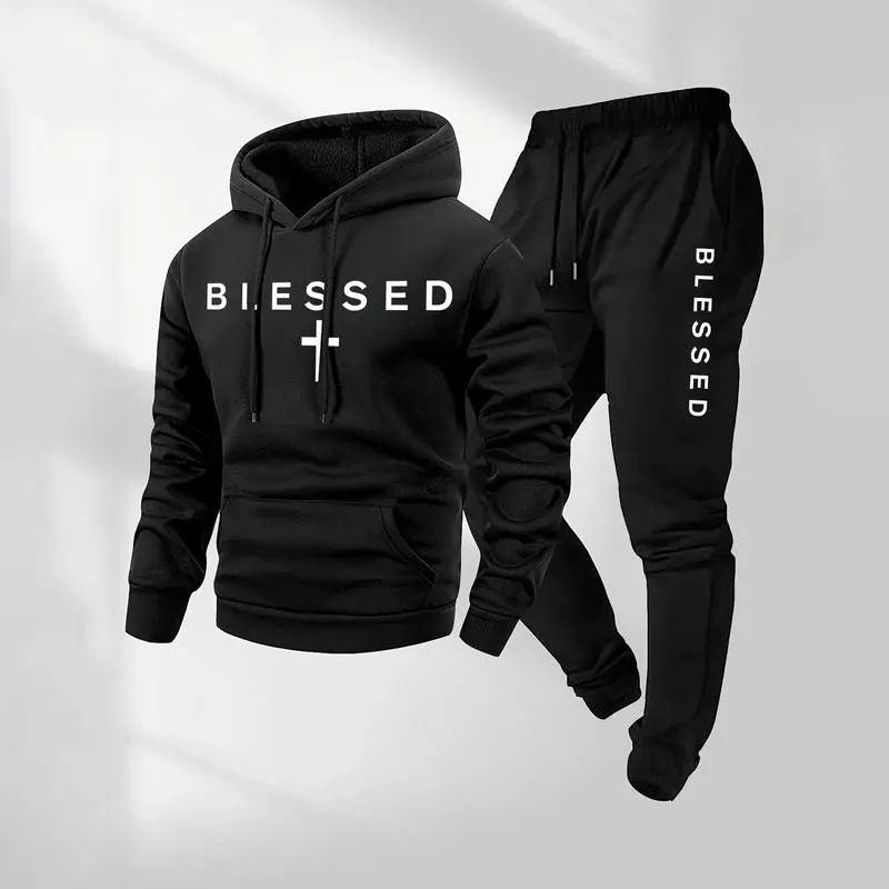 Unisex Cross Letter Print Hoodie & Drawstring Sweatpants Set