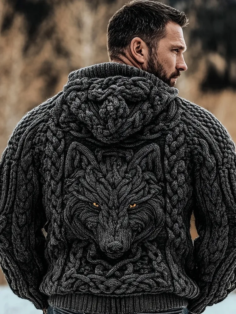 Men's Viking Celtic Wolf Knit Chunky Hooded Sweater