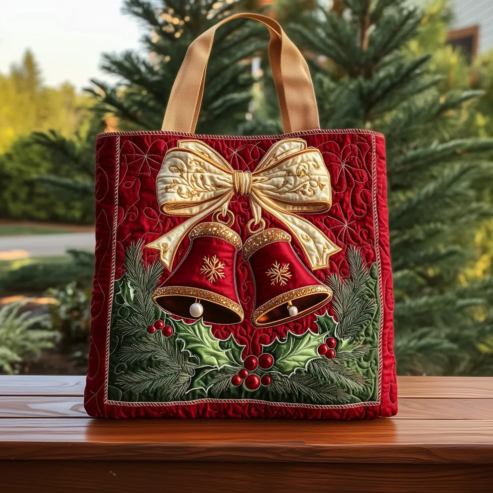 Echoes of Christmas Bells — 3D Holiday Ribbon Quilted Tote Bag ✨