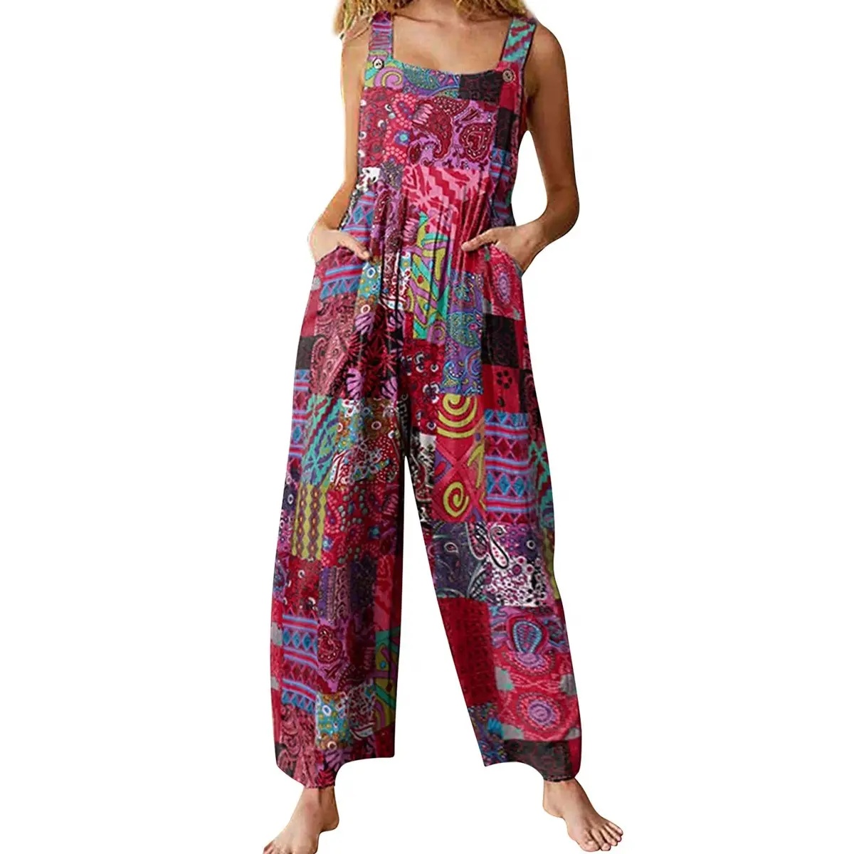 Tanming Women's Patchwork Dual Pocket Jumpsuit Loose Floral Print Bohemian Wide Leg Bib Overall Springfresh