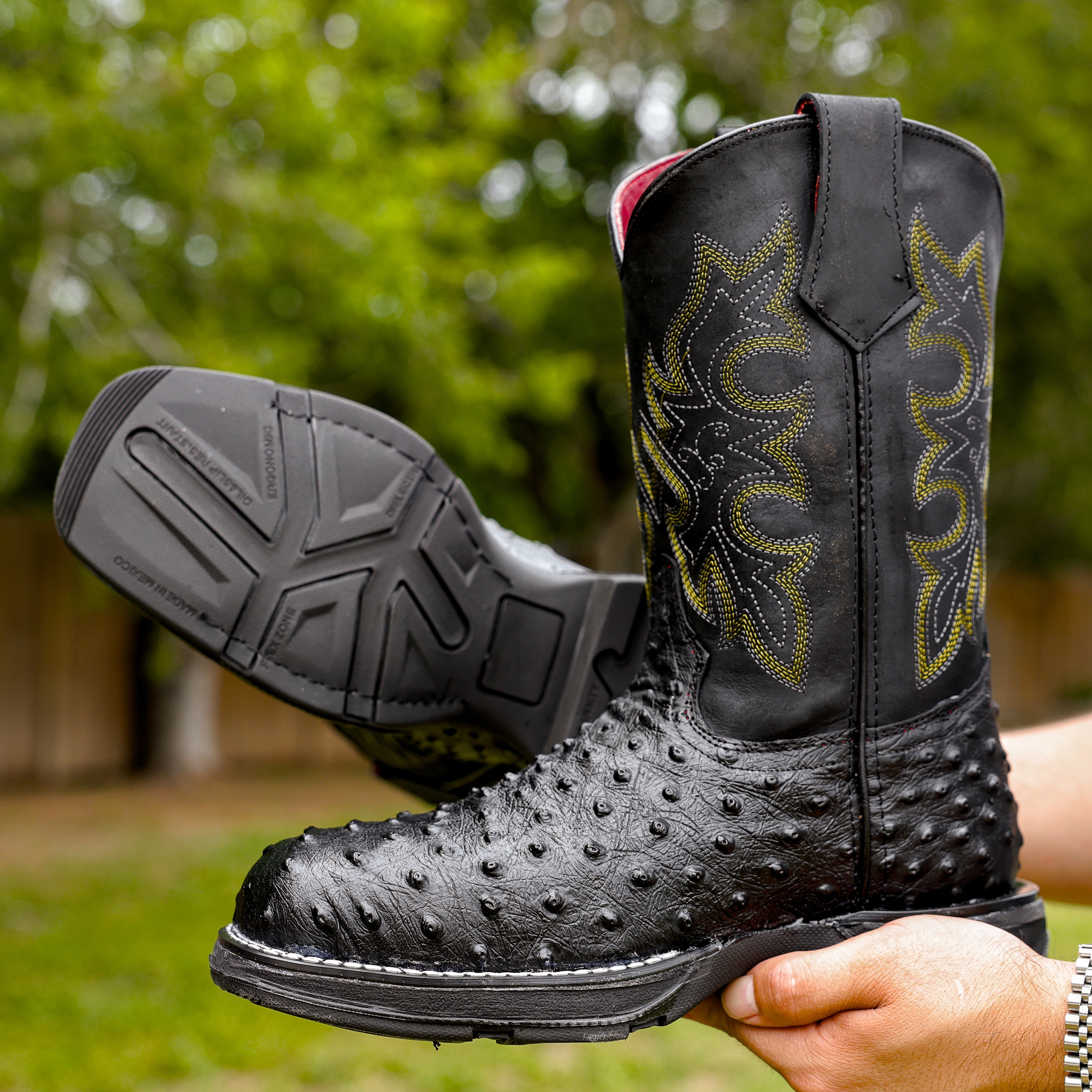 Black Ostrich Leather Boots With 3D Lightweight Sole - Composite Toe