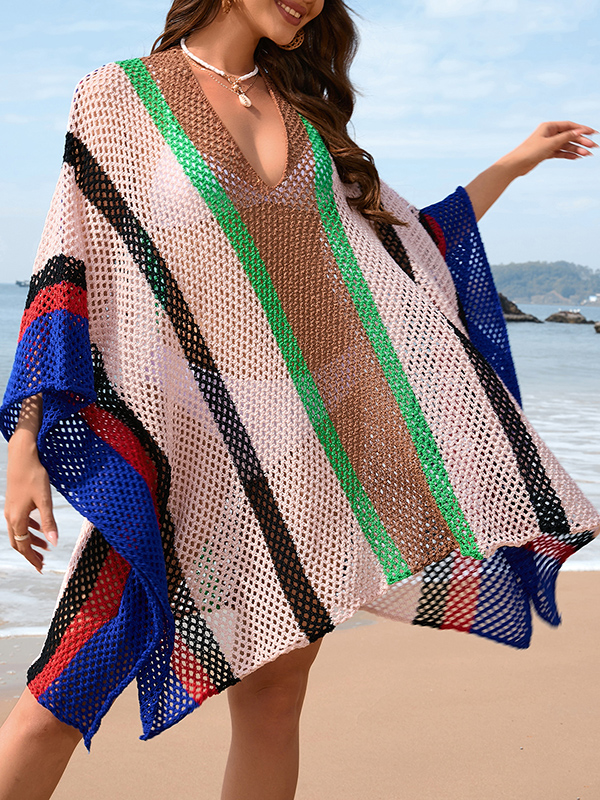 Hollow Striped Sun Protection Batwing Sleeves Loose V-Neck Beach Cover-Up