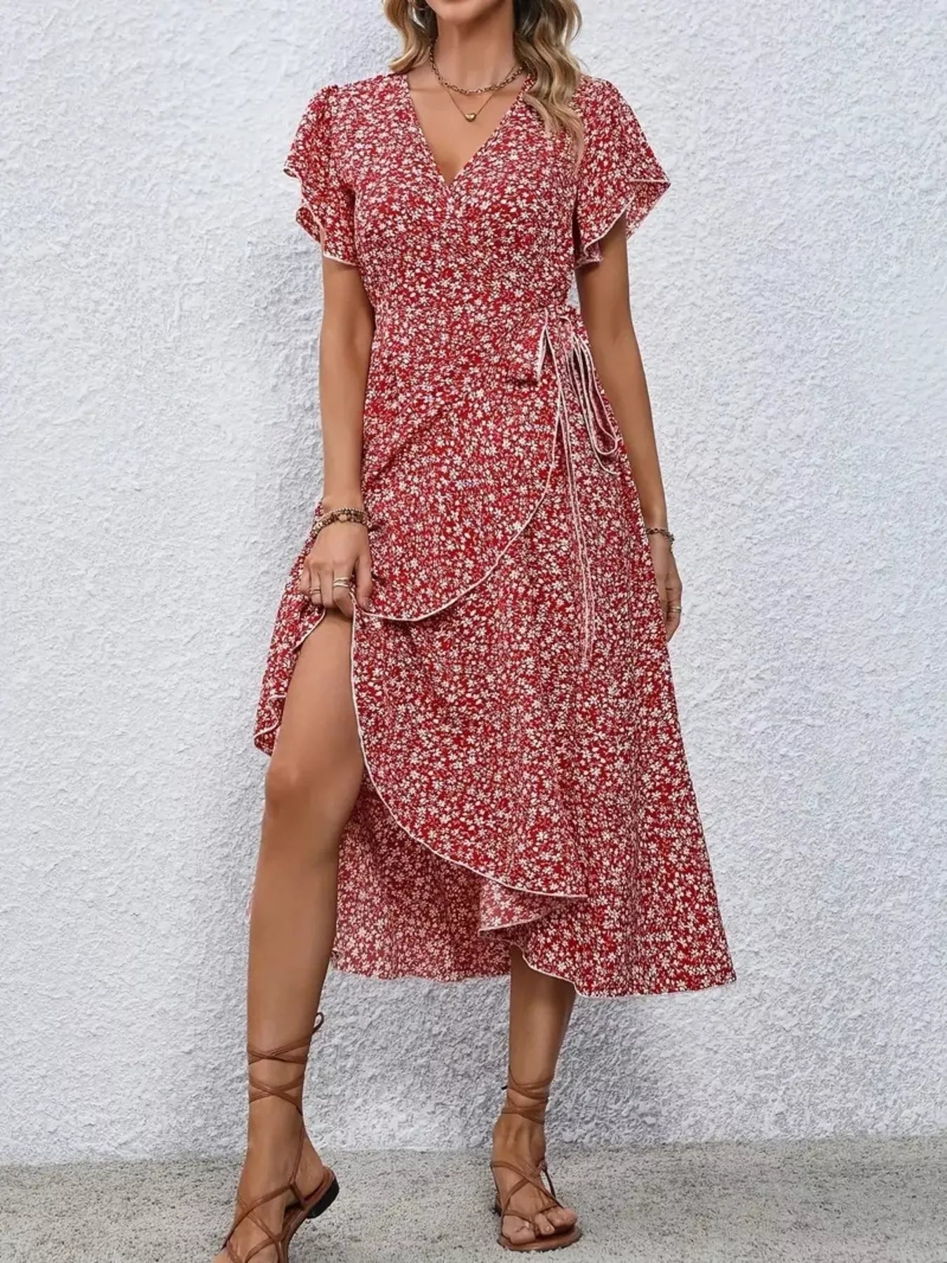 Floral Print Ruffle Hem Wrap Midi Dress