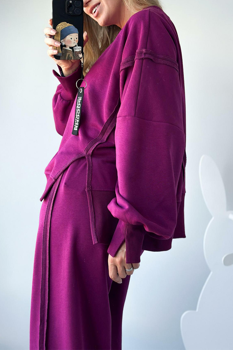 Women Round Neck Spliced Sweatshirt + Drawstring Pants Casual Set