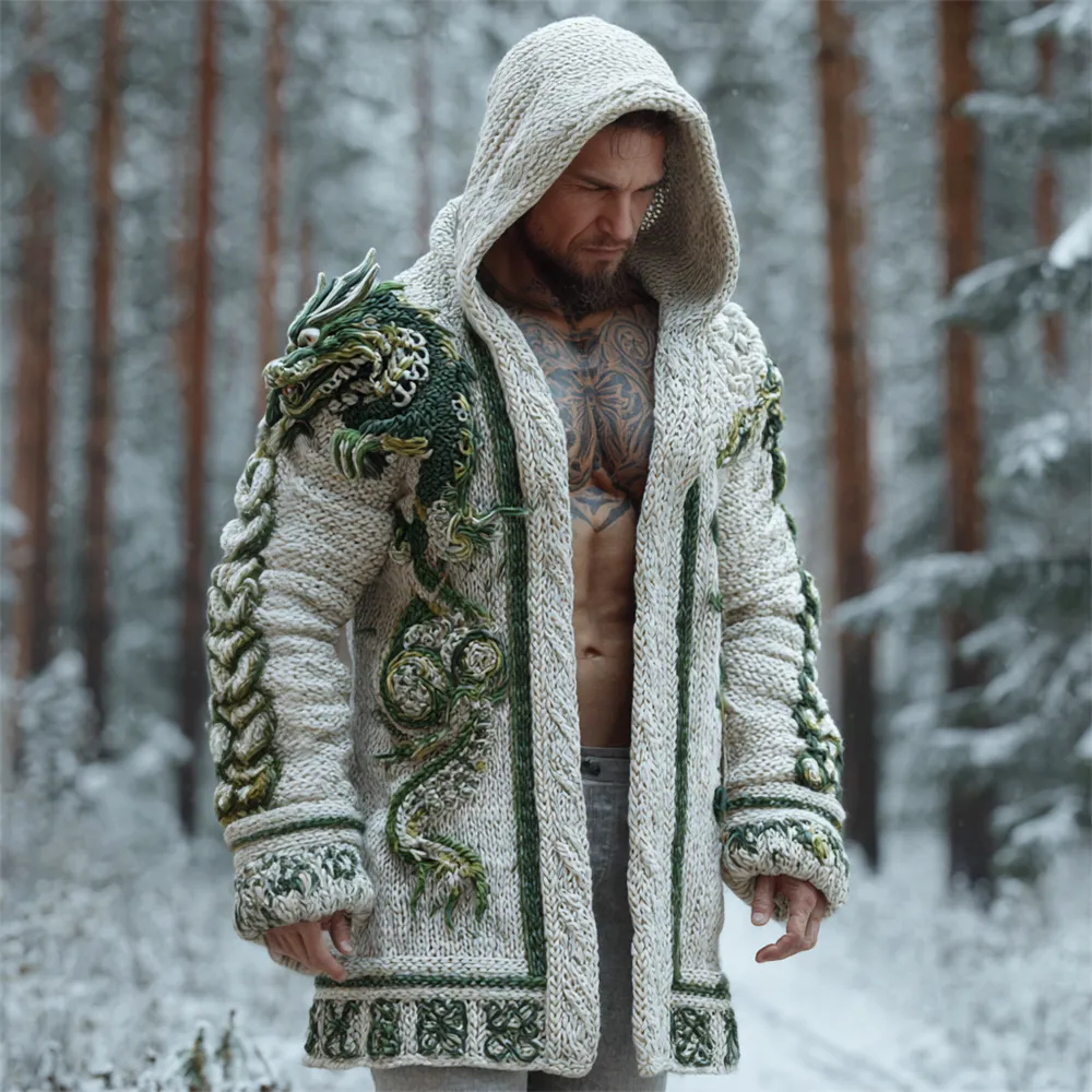 Viking Dragon Totem Men's Knit Hooded Cardigan