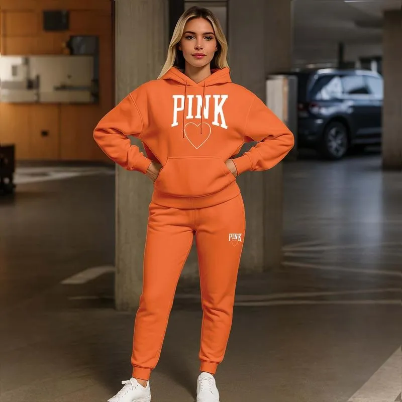 Women's Pink Heart Print Hair And Sunglasses Hoodie And Drawstring Track Pants Set