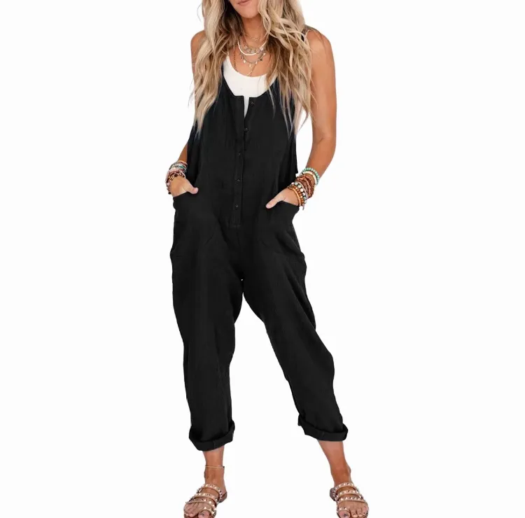Women's Linen Cotton Overalls – Lightweight Casual Jumpsuits with Pockets for Summer