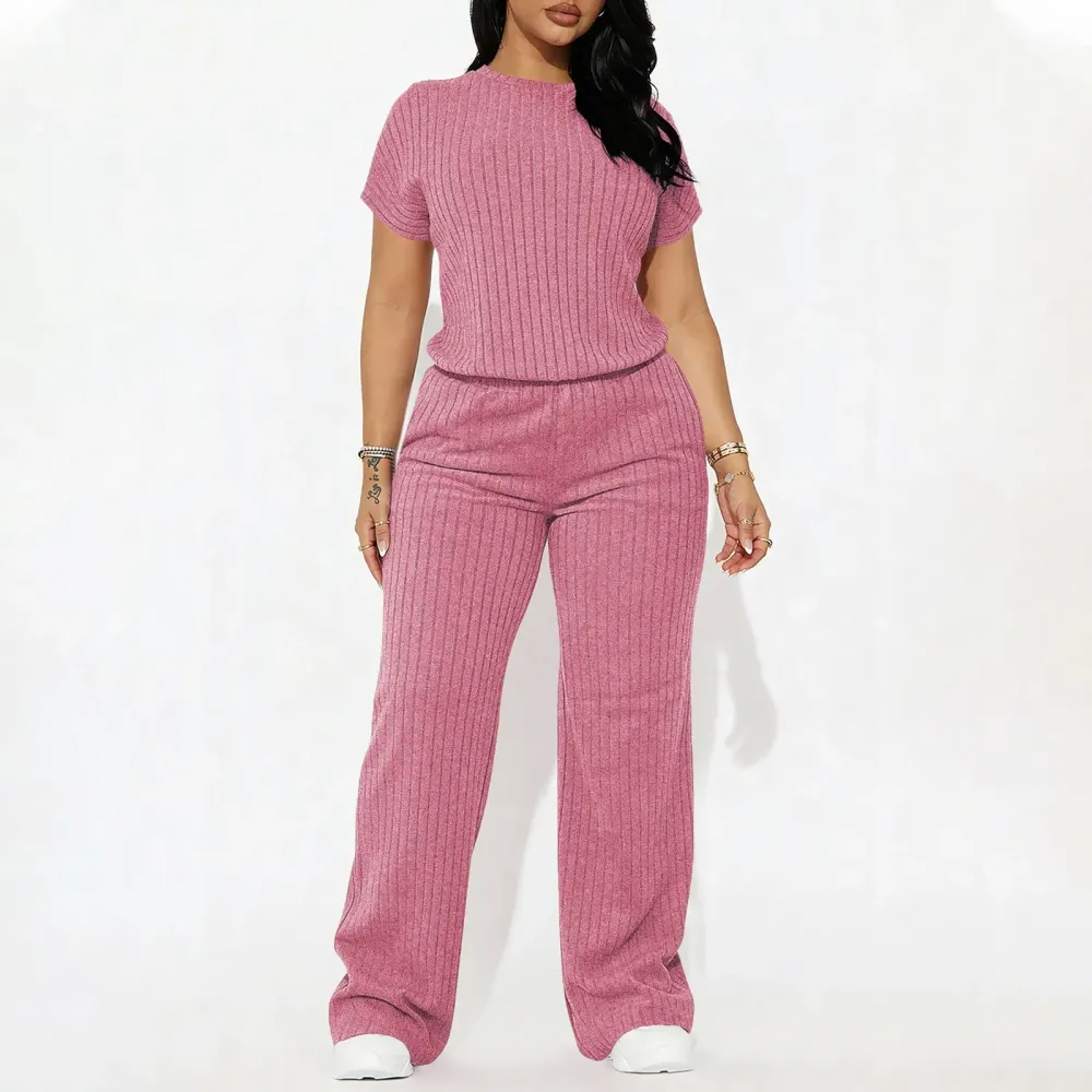 Women's Solid Shortsleeve Crewneck Ribbed Top & Wide Leg Pants Minimalist Casual Fitted
