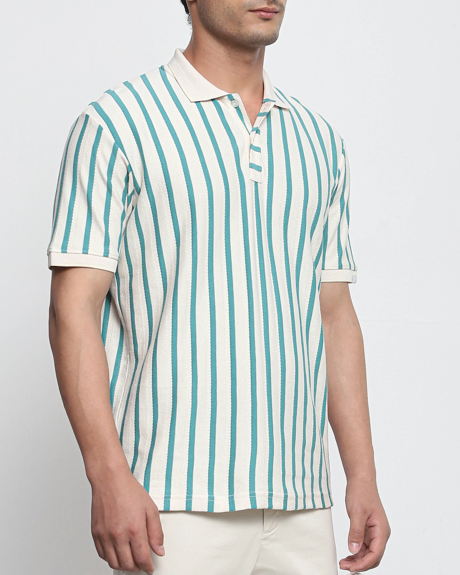 Daily Simple Teal Striped Textured Polo Shirt