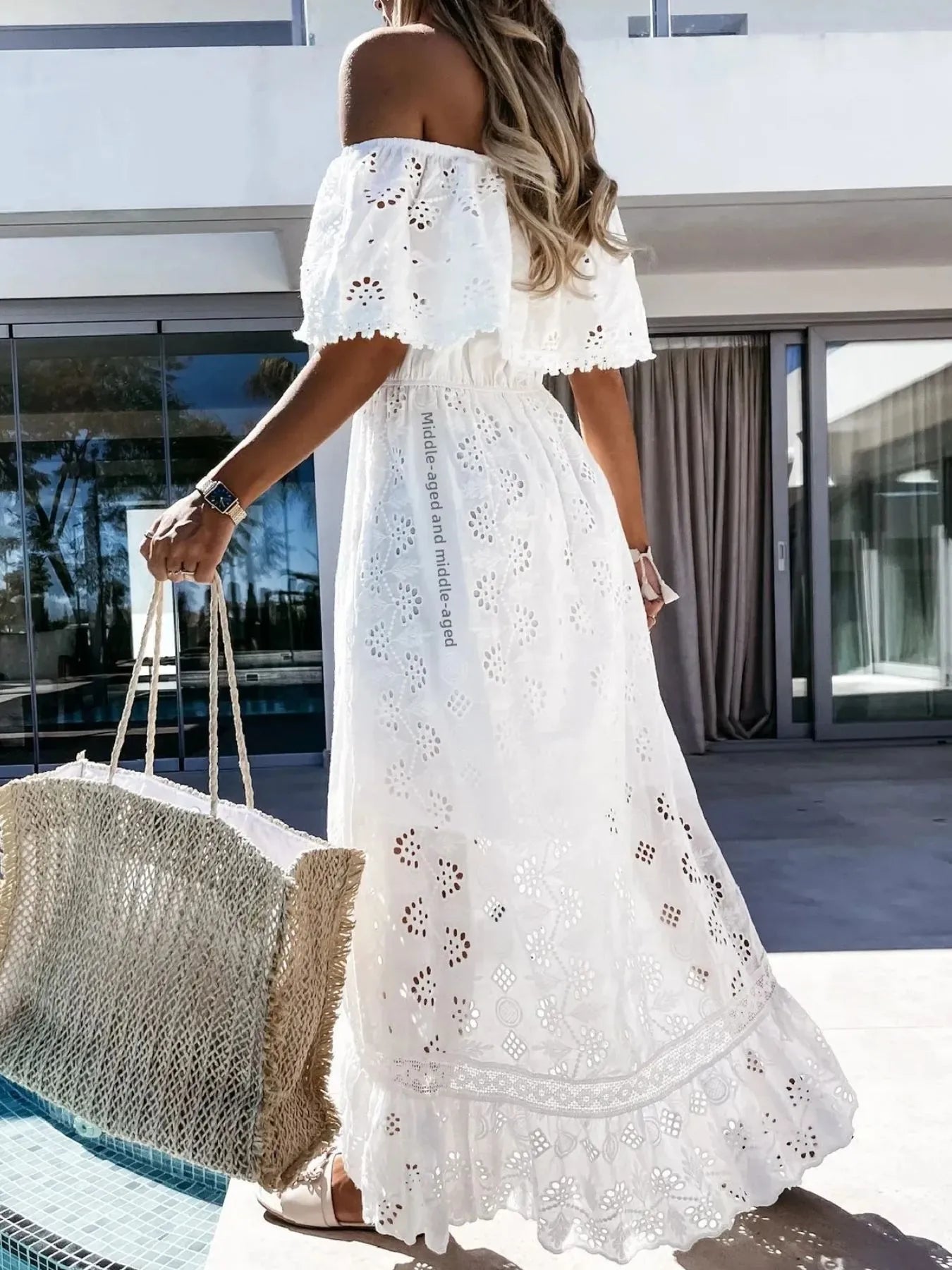 Eyelet Ruffled Hem Off-Shoulder Dress