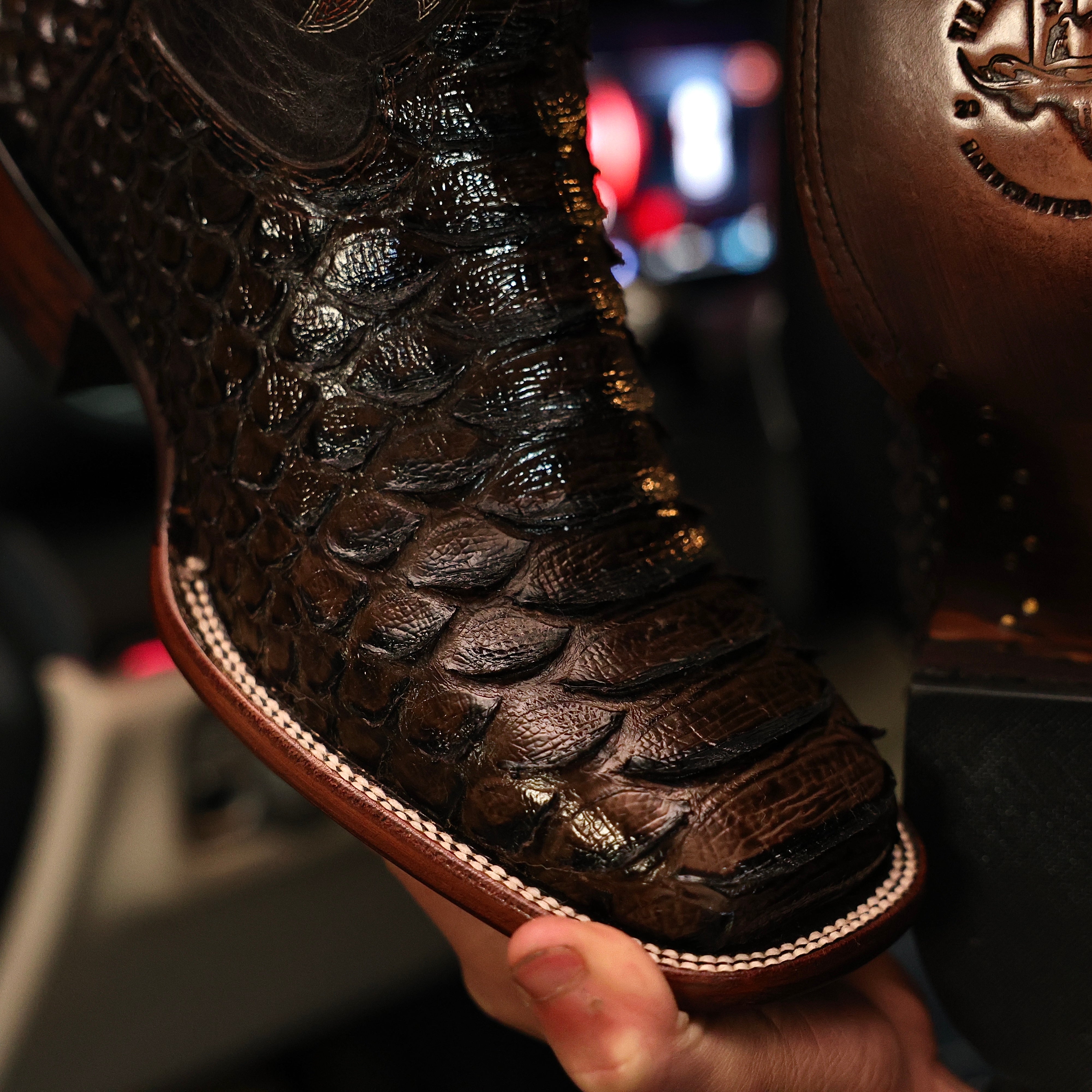 Chocolate Brown Python Leather Boots - Square Toe