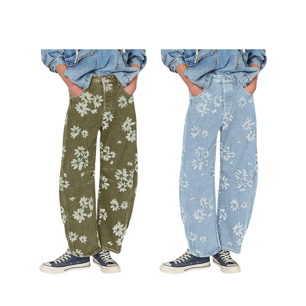 Women's Simple Floral Jeans Y2K Loose Wide-Leg Jeans Boyfriend Style Printed Stitching Jeans